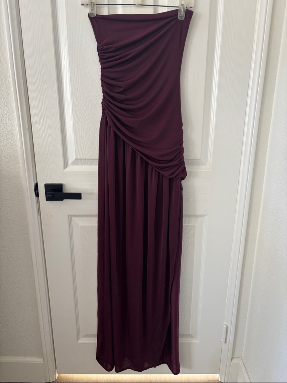 Strapless Ruched Maxi Dress in Deep Burgundy